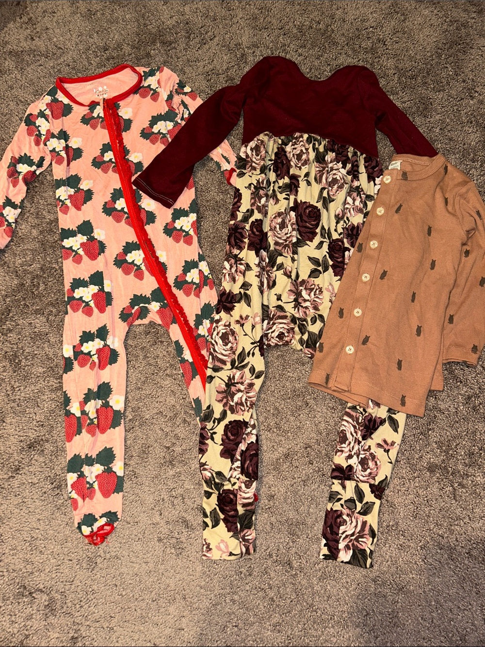Toddler girl 3T Kate Quinn owl cardigan, kickee pants strawberry & floral romper